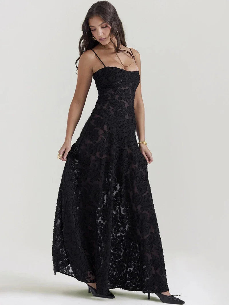 Black Midnight Bloom Lace-Up Maxi Dress