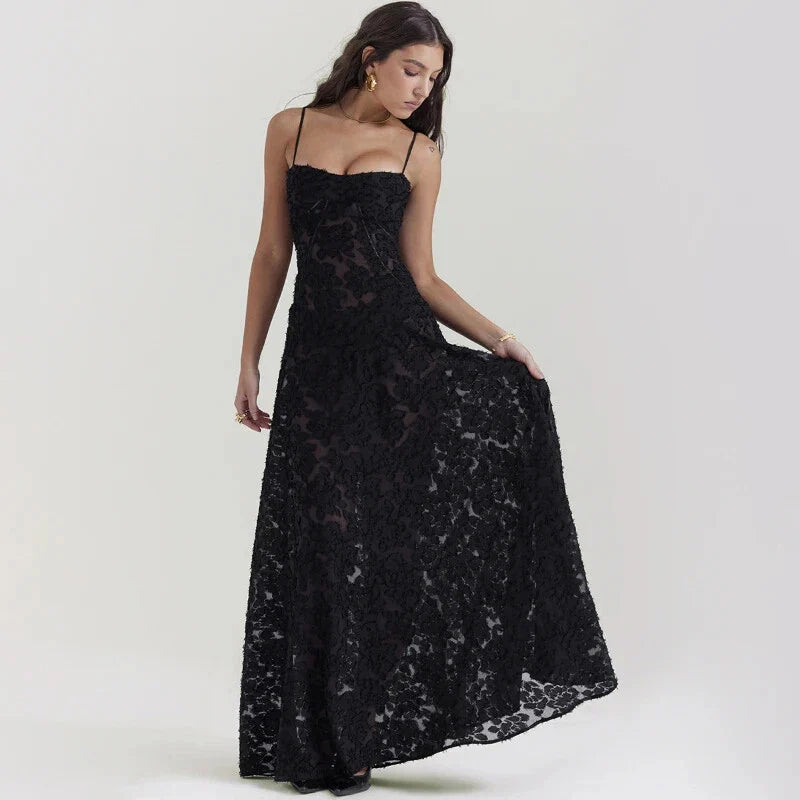 Black Midnight Bloom Lace-Up Maxi Dress