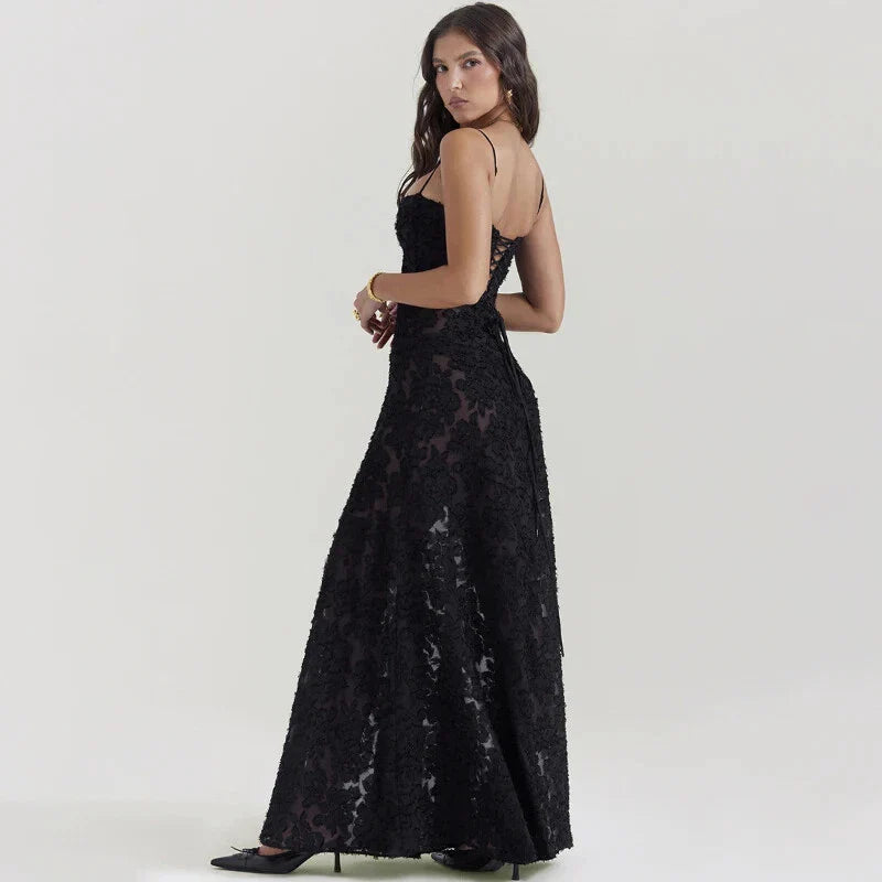 Black Midnight Bloom Lace-Up Maxi Dress