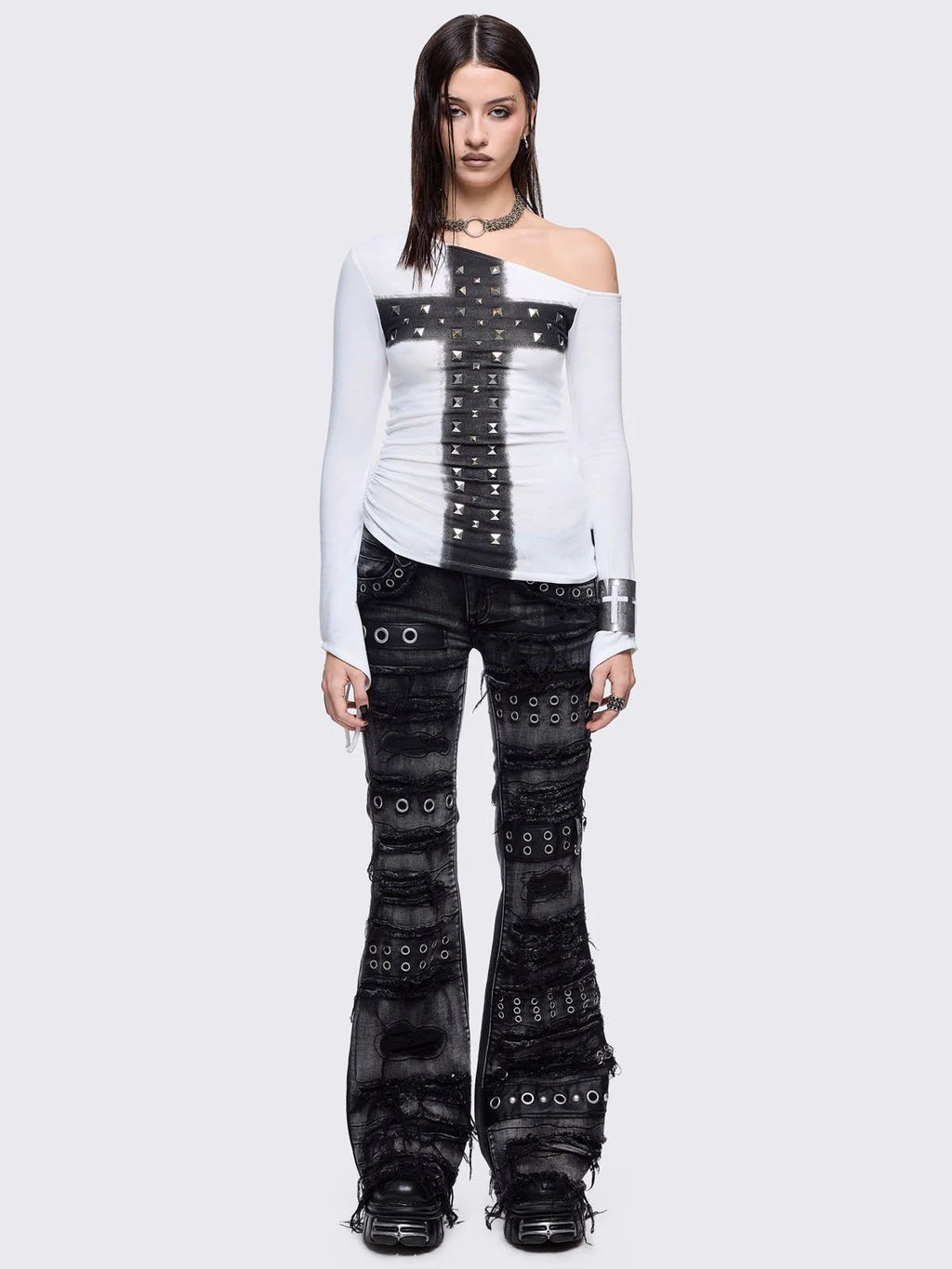 Rhinestone Cross One-Shoulder Long Sleeve Tee