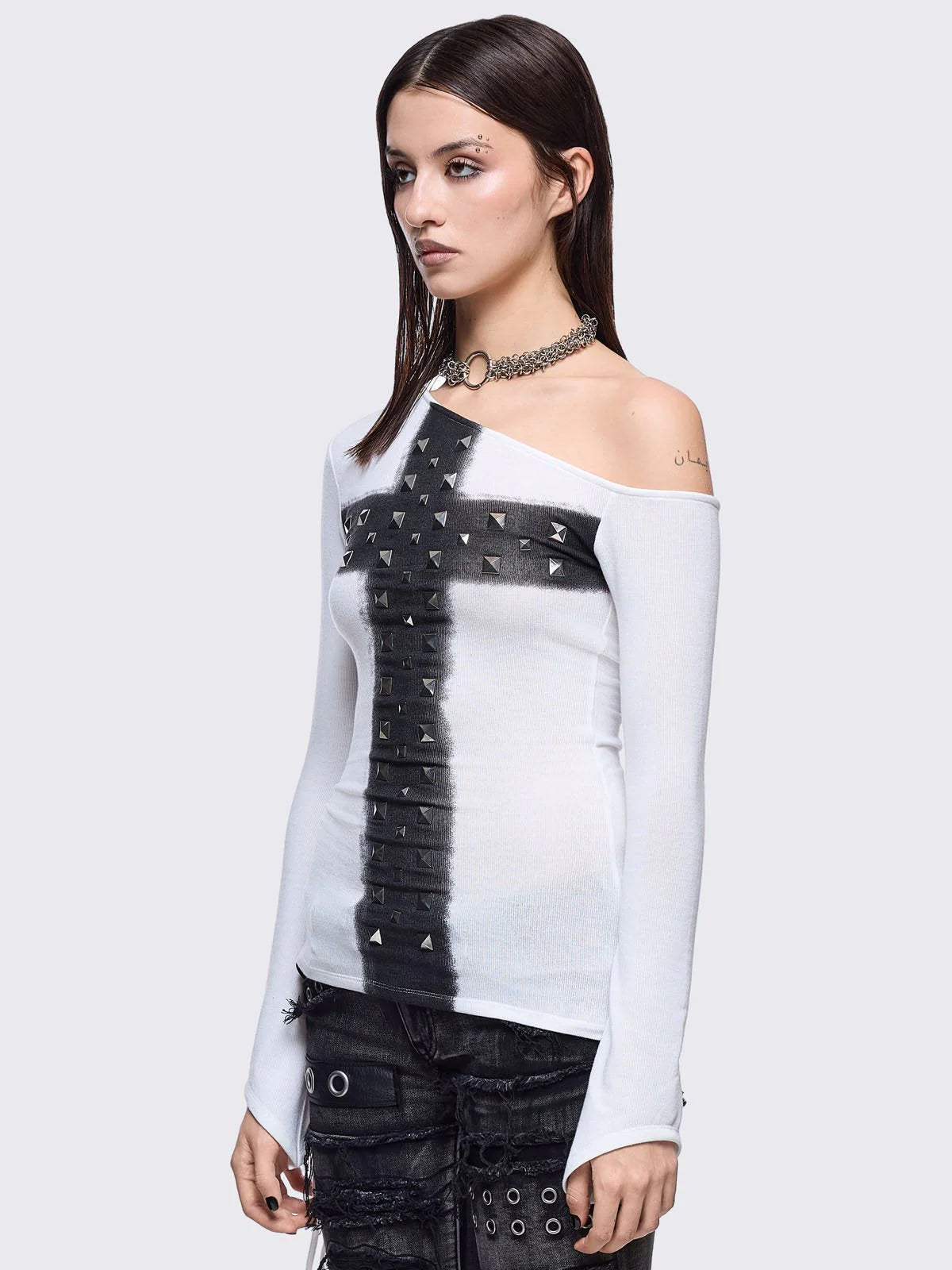 Rhinestone Cross One-Shoulder Long Sleeve Tee