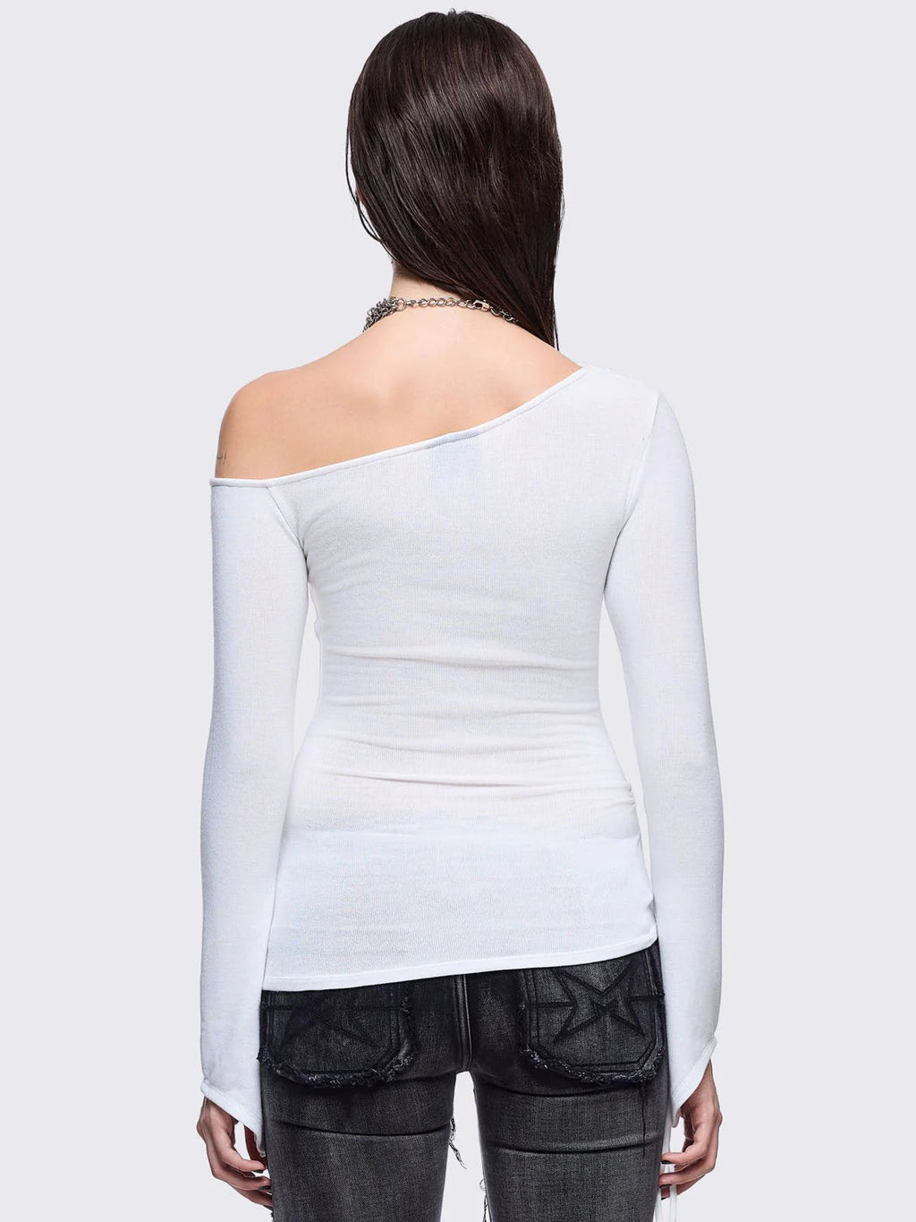 Rhinestone Cross One-Shoulder Long Sleeve Tee