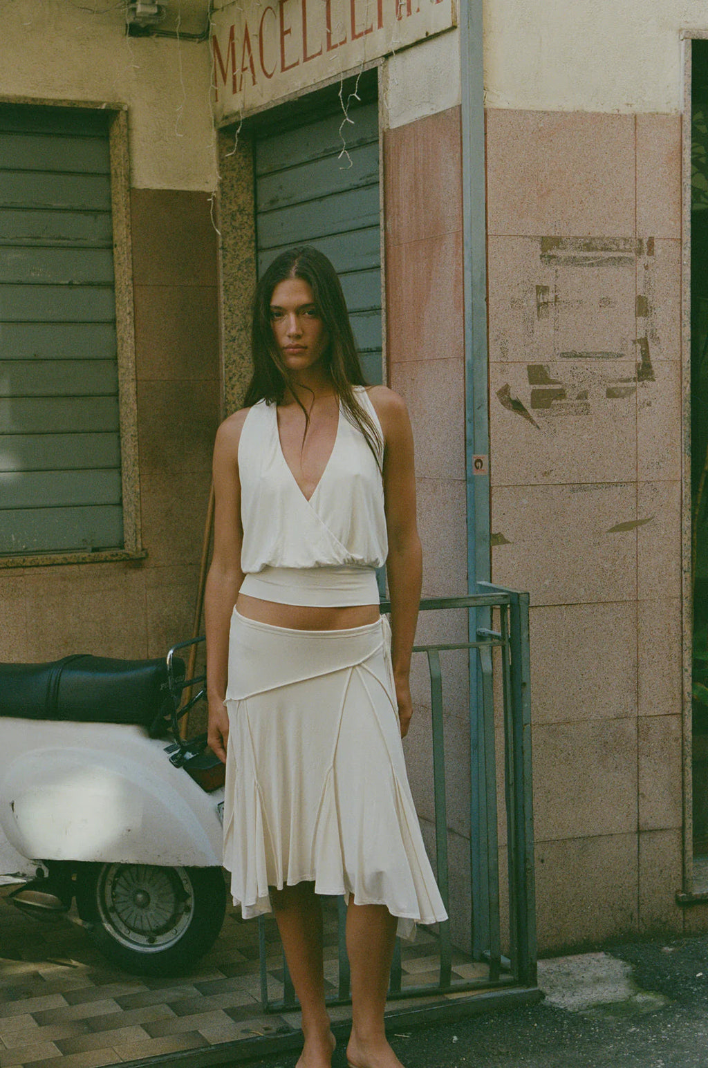 Ivory Halo Asymmetrical Midi Skirt
