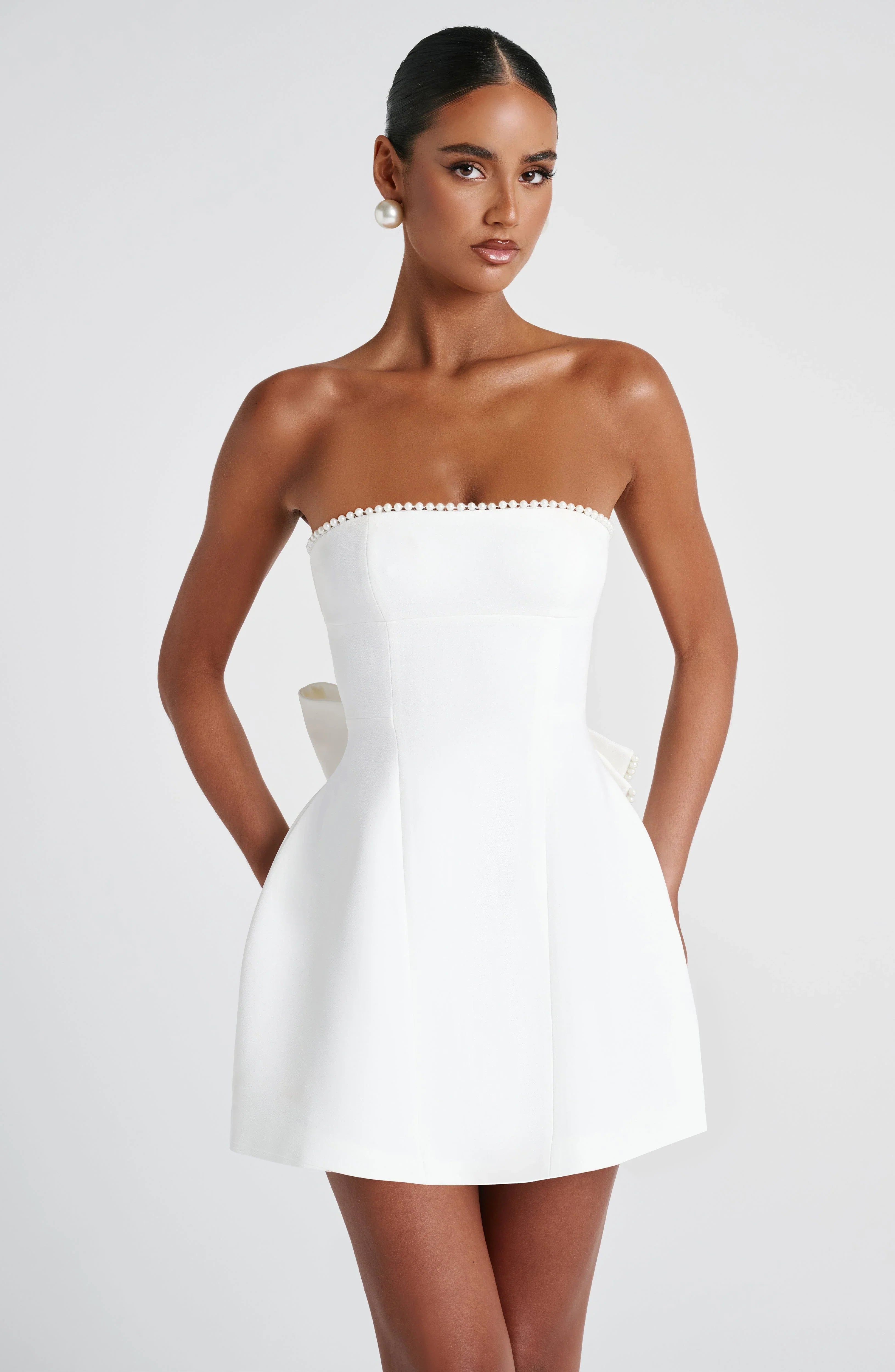 Pearl Bow Strapless A-Line Mini Dress