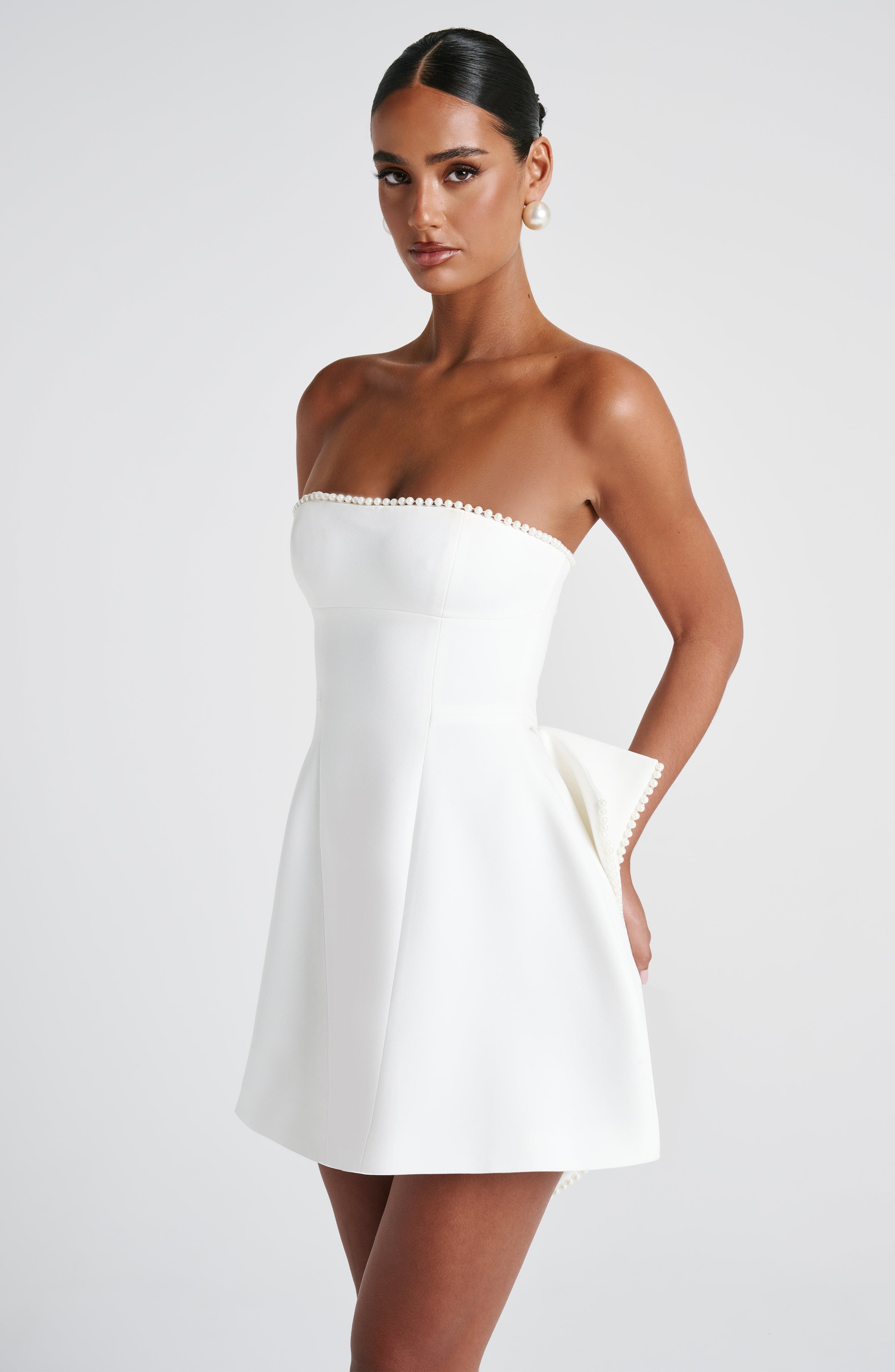 Pearl Bow Strapless A-Line Mini Dress