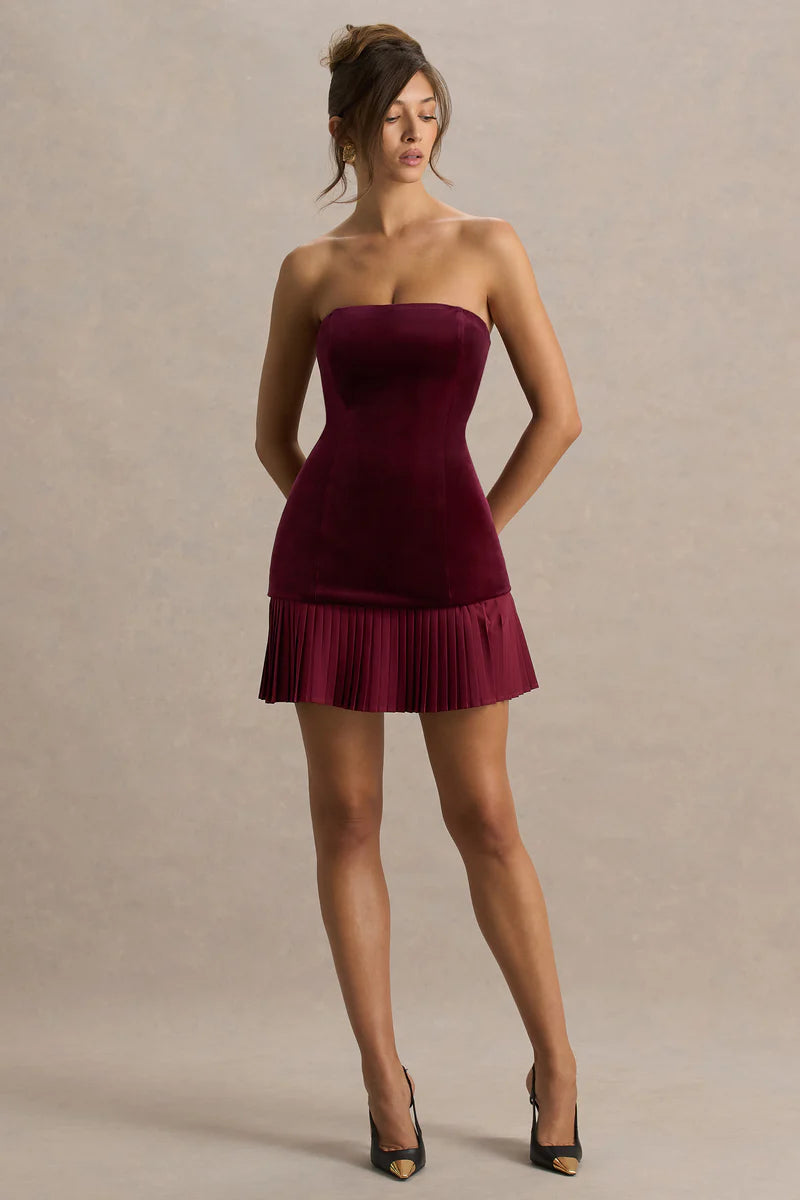 Burgundy Velvet Pleated Mini Dress – Holiday Elegance